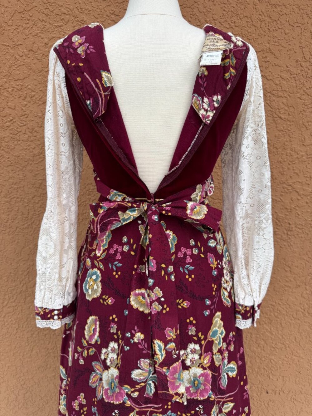 Vintage 1970's GUNNE SAX Jessica Burgundy Floral Maxi Dress HTF Size 13 REPAIRED - Picture 6 of 16